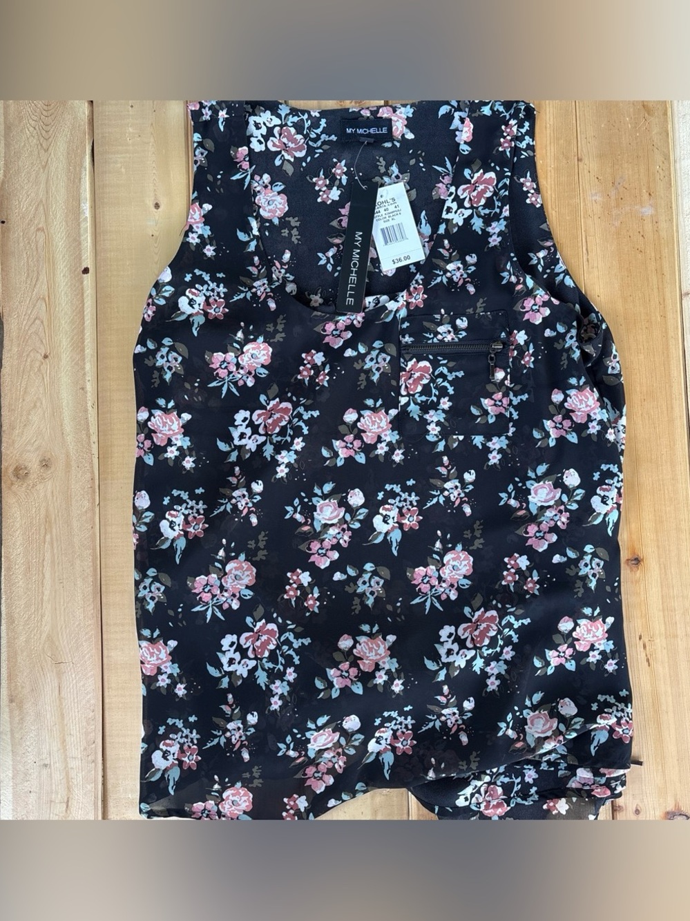 My Michelle Black Floral Tank Top with Pink Rose Print